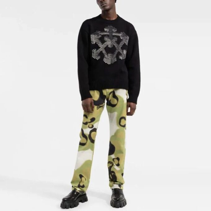 Off-White Men’ s FW21 3D Arrow Pattern Knit Pullover Wool Sweater Loose Fit Black