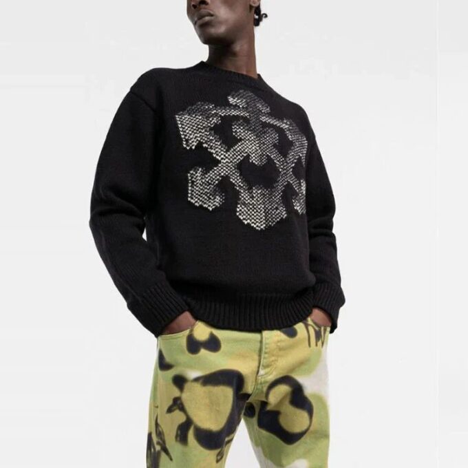 Off-White Men’ s FW21 3D Arrow Pattern Knit Pullover Wool Sweater Loose Fit Black
