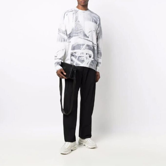 Off-White Men’ s FW21 Abstract Printing Round Neck Pullover Wool Sweater Loose Fit White
