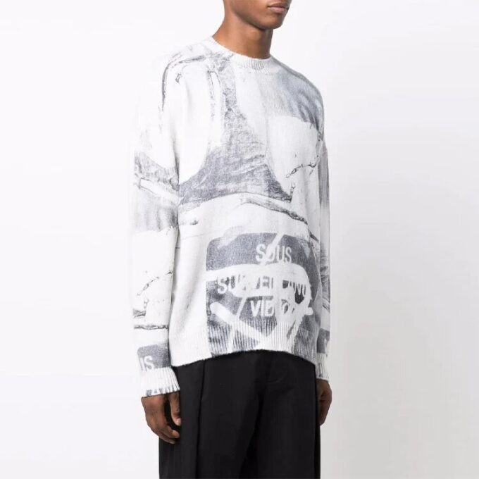 Off-White Men’ s FW21 Abstract Printing Round Neck Pullover Wool Sweater Loose Fit White