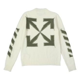 Off-White Men’ s FW21 Arrow Logo Round Neck Pullover Wool Sweater Loose Fit Milky White Off-White Men’ s FW21 Arrow Logo Round Neck Pullover Wool Sweater Loose Fit Milky White