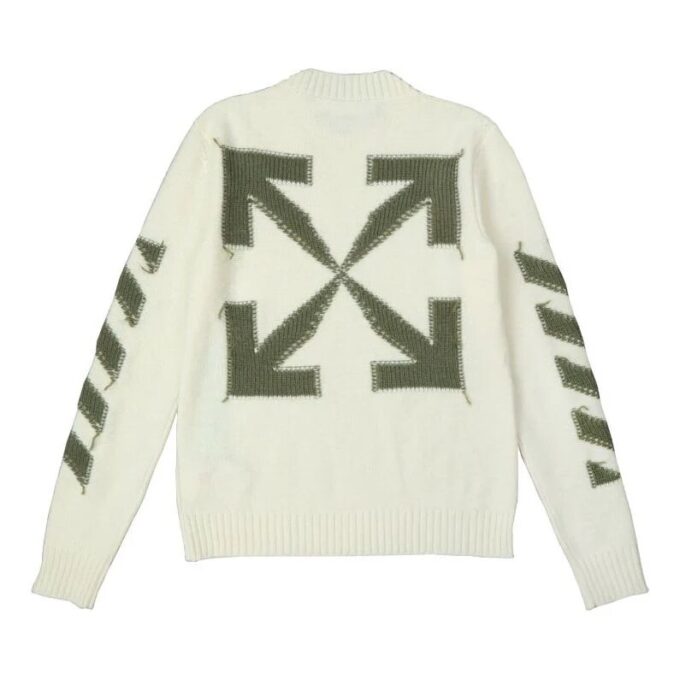 Off-White Men’ s FW21 Arrow Logo Round Neck Pullover Wool Sweater Loose Fit Milky White