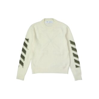 Off-White Men’ s FW21 Arrow Logo Round Neck Pullover Wool Sweater Loose Fit Milky White Off-White Men’ s FW21 Arrow Logo Round Neck Pullover Wool Sweater Loose Fit Milky White