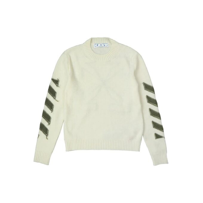 Off-White Men’ s FW21 Arrow Logo Round Neck Pullover Wool Sweater Loose Fit Milky White