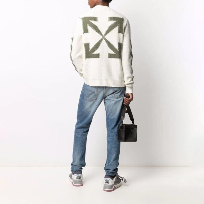 Off-White Men’ s FW21 Arrow Logo Round Neck Pullover Wool Sweater Loose Fit Milky White