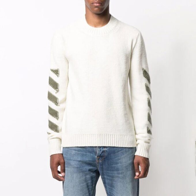 Off-White Men’ s FW21 Arrow Logo Round Neck Pullover Wool Sweater Loose Fit Milky White