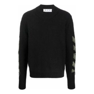 Off-White Men’ s FW21 Arrow Pattern Round Neck Pullover Wool Sweater Loose Fit Black