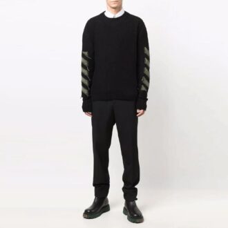Off-White Men’ s FW21 Arrow Pattern Round Neck Pullover Wool Sweater Loose Fit Black