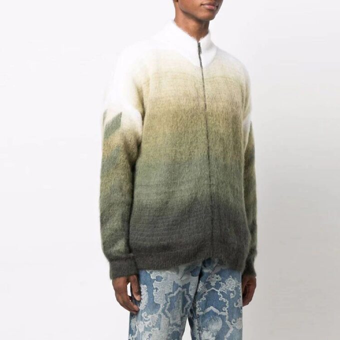 Off-White Men’ s FW21 Arrow Pattern Zipper Cardigan Wool Sweater Loose Fit Green