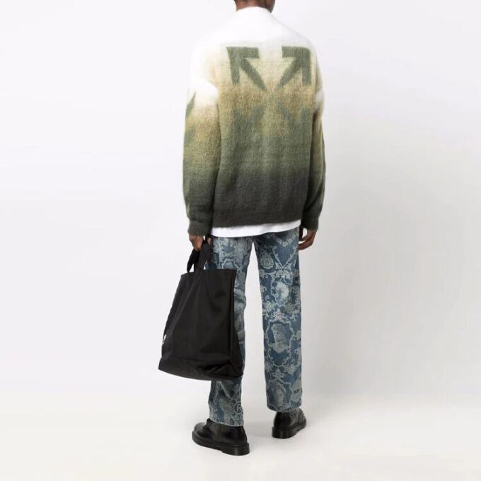 Off-White Men’ s FW21 Arrow Pattern Zipper Cardigan Wool Sweater Loose Fit Green