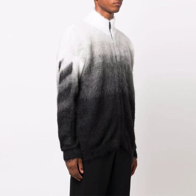 Off-White Men’ s FW21 Arrows Pattern Jacquard Gradient Zipper Cardigan Wool Sweater Loose Fit Black