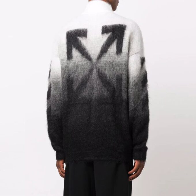 Off-White Men’ s FW21 Arrows Pattern Jacquard Gradient Zipper Cardigan Wool Sweater Loose Fit Black