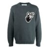 Off-White Men’ s FW21 Chest Intarsia Knit Logo Round Neck Long Sleeves Wool Sweater Loose Fit Green