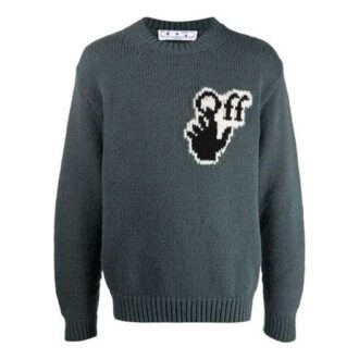 Off-White Men’ s FW21 Chest Intarsia Knit Logo Round Neck Long Sleeves Wool Sweater Loose Fit Green