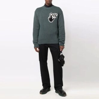 Off-White Men’ s FW21 Chest Intarsia Knit Logo Round Neck Long Sleeves Wool Sweater Loose Fit Green