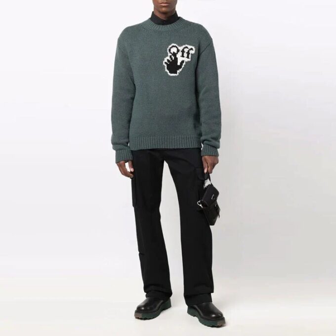 Off-White Men’ s FW21 Chest Intarsia Knit Logo Round Neck Long Sleeves Wool Sweater Loose Fit Green