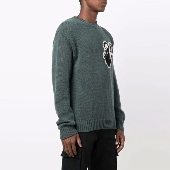 Off-White Men’ s FW21 Chest Intarsia Knit Logo Round Neck Long Sleeves Wool Sweater Loose Fit Green