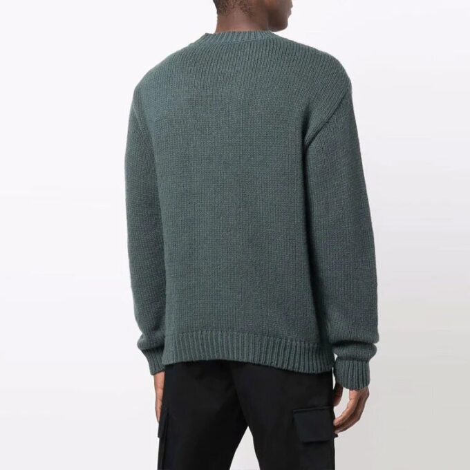 Off-White Men’ s FW21 Chest Intarsia Knit Logo Round Neck Long Sleeves Wool Sweater Loose Fit Green