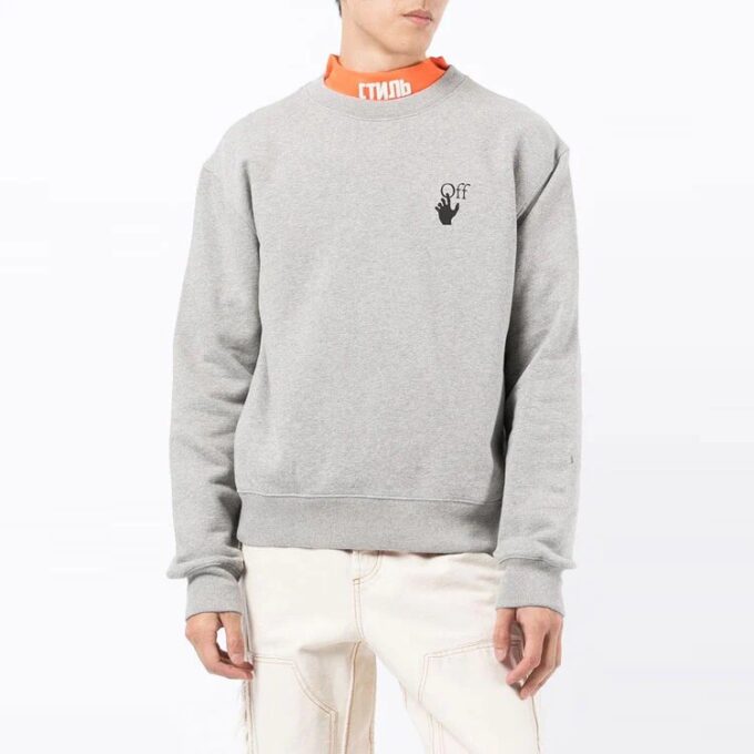 Off-White Men’ s FW21 Chest Logo Printing Back Arrow Pattern Long Sleeves Loose Fit Gray