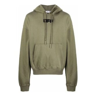 Off-White Men’ s FW21 Chest Logo Printing Drawstring Hood Long Sleeves Loose Fit Green
