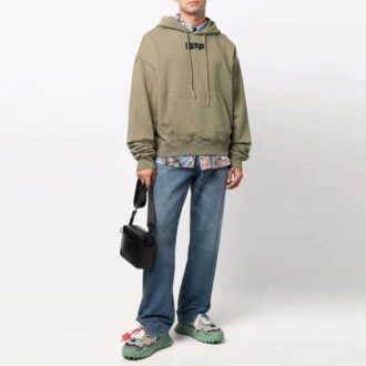 Off-White Men’ s FW21 Chest Logo Printing Drawstring Hood Long Sleeves Loose Fit Green