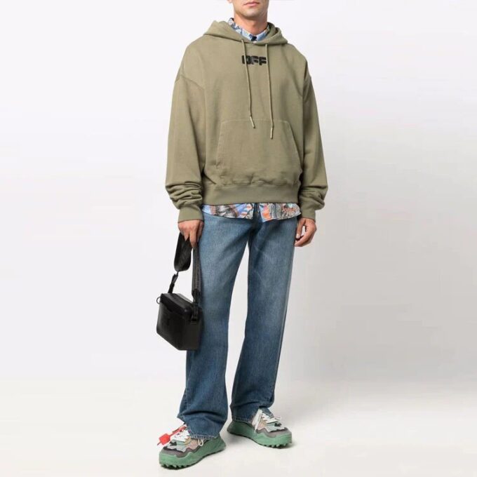 Off-White Men’ s FW21 Chest Logo Printing Drawstring Hood Long Sleeves Loose Fit Green