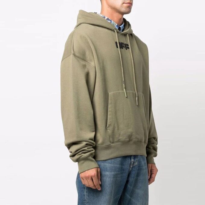 Off-White Men’ s FW21 Chest Logo Printing Drawstring Hood Long Sleeves Loose Fit Green