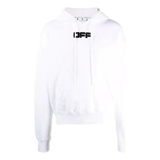 Off-White Men’ s FW21 Chest Logo Printing Drawstring Hood Long Sleeves Loose Fit White