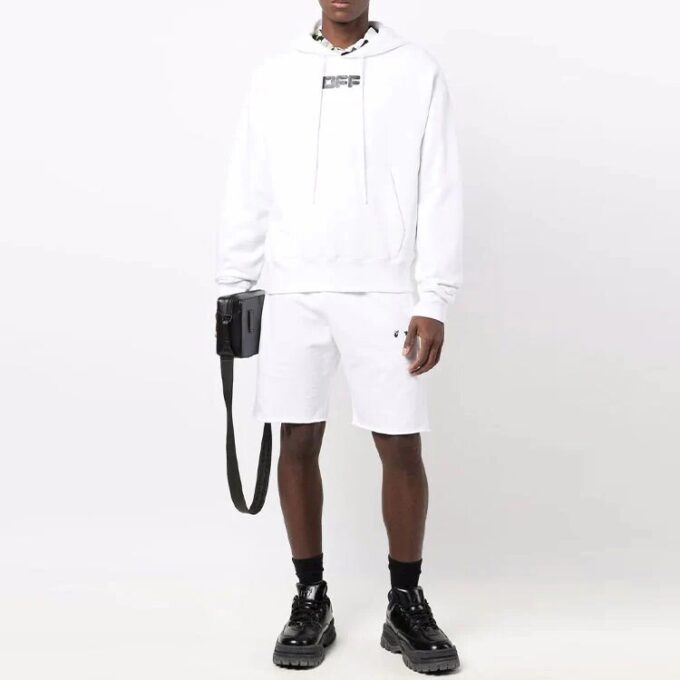 Off-White Men’ s FW21 Chest Logo Printing Drawstring Hood Long Sleeves Loose Fit White