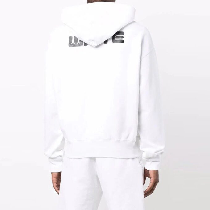 Off-White Men’ s FW21 Chest Logo Printing Drawstring Hood Long Sleeves Loose Fit White
