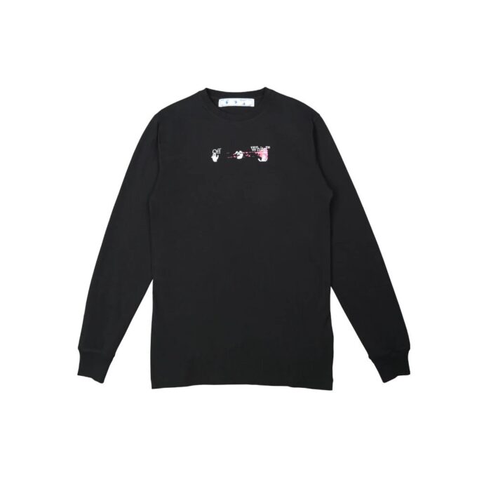 Off-White Men’ s FW21 Color Painting Arrow Round Neck Pullover Long Sleeves Slim Fit Black T-Shirt
