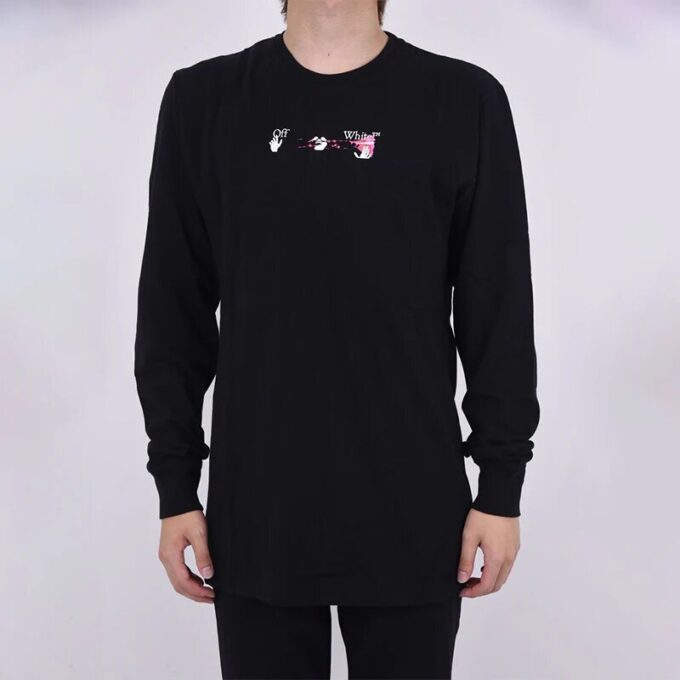 Off-White Men’ s FW21 Color Painting Arrow Round Neck Pullover Long Sleeves Slim Fit Black T-Shirt