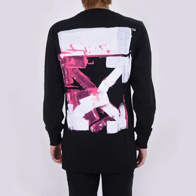 Off-White Men’ s FW21 Color Painting Arrow Round Neck Pullover Long Sleeves Slim Fit Black T-Shirt