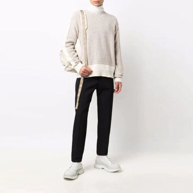 Off-White Men’ s FW21 Colorblock Round Neck Pullover Wool Sweater Loose Fit Beige