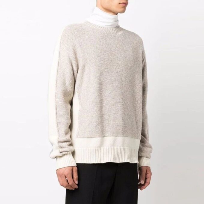 Off-White Men’ s FW21 Colorblock Round Neck Pullover Wool Sweater Loose Fit Beige