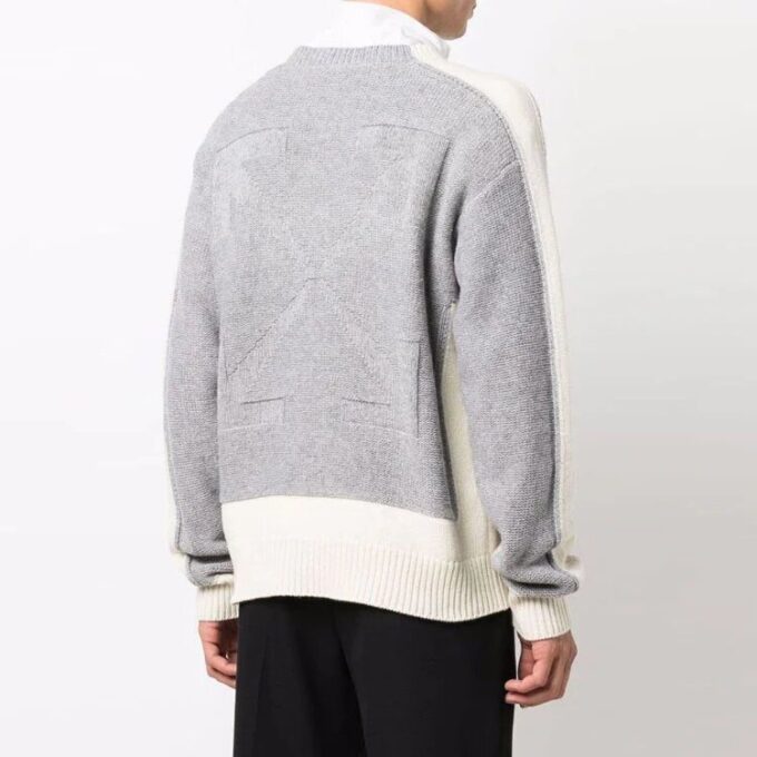 Off-White Men’ s FW21 Colorblock Round Neck Pullover Wool Sweater Loose Fit Beige