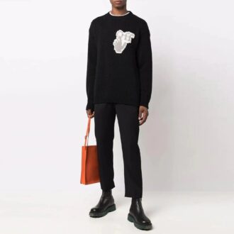 Off-White Men’ s FW21 Hands Off Logo Alphabet Round Neck Wool Sweater Loose Fit Black Off-White Men’ s FW21 Hands Off Logo Alphabet Round Neck Wool Sweater Loose Fit Black