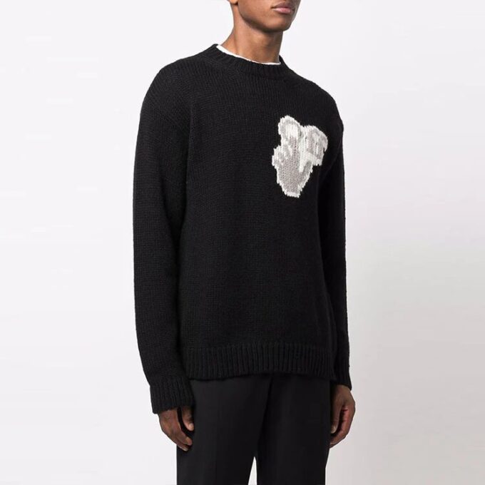 Off-White Men’ s FW21 Hands Off Logo Alphabet Round Neck Wool Sweater Loose Fit Black
