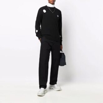 Off-White Men’ s FW21 Hollow Out Circular Round Neck Long Sleeves Pullover Wool Sweater Loose Fit Black Off-White Men’ s FW21 Hollow Out Circular Round Neck Long Sleeves Pullover Wool Sweater Loose Fit Black