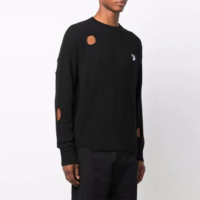 Off-White Men’ s FW21 Hollow Out Circular Round Neck Long Sleeves Pullover Wool Sweater Loose Fit Black