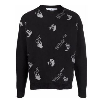 Off-White Men’ s FW21 Intarsia Knit Logo Round Neck Pullover Wool Sweater Loose Fit Black Off-White Men’ s FW21 Intarsia Knit Logo Round Neck Pullover Wool Sweater Loose Fit Black