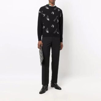 Off-White Men’ s FW21 Intarsia Knit Logo Round Neck Pullover Wool Sweater Loose Fit Black Off-White Men’ s FW21 Intarsia Knit Logo Round Neck Pullover Wool Sweater Loose Fit Black