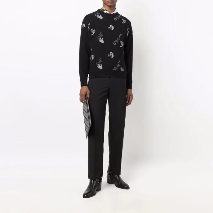 Off-White Men’ s FW21 Intarsia Knit Logo Round Neck Pullover Wool Sweater Loose Fit Black