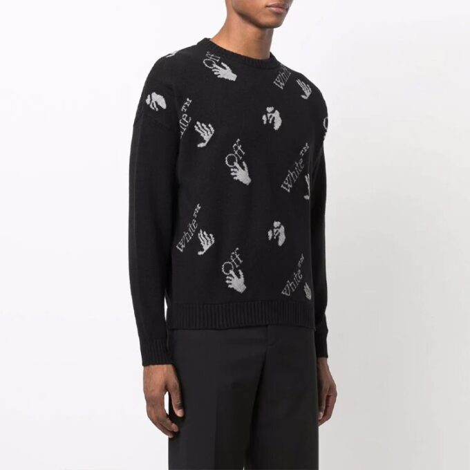 Off-White Men’ s FW21 Intarsia Knit Logo Round Neck Pullover Wool Sweater Loose Fit Black