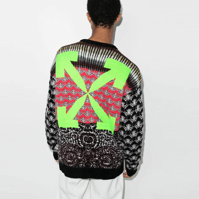 Off-White Men’ s FW21 Knit Round Neck Long Sleeves Wool Sweater Loose Fit Black