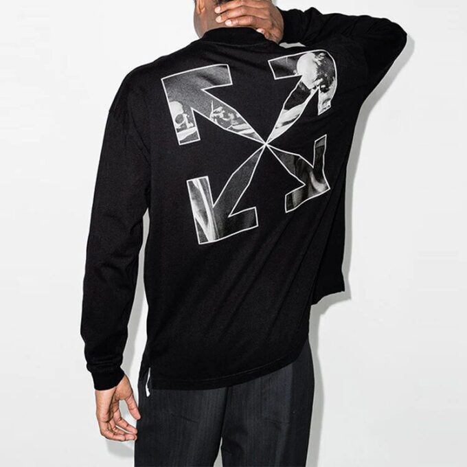 Off-White Men’ s FW21 Logo Alphabet Arrow Round Neck Long Sleeves Loose Fit Black T-Shirt