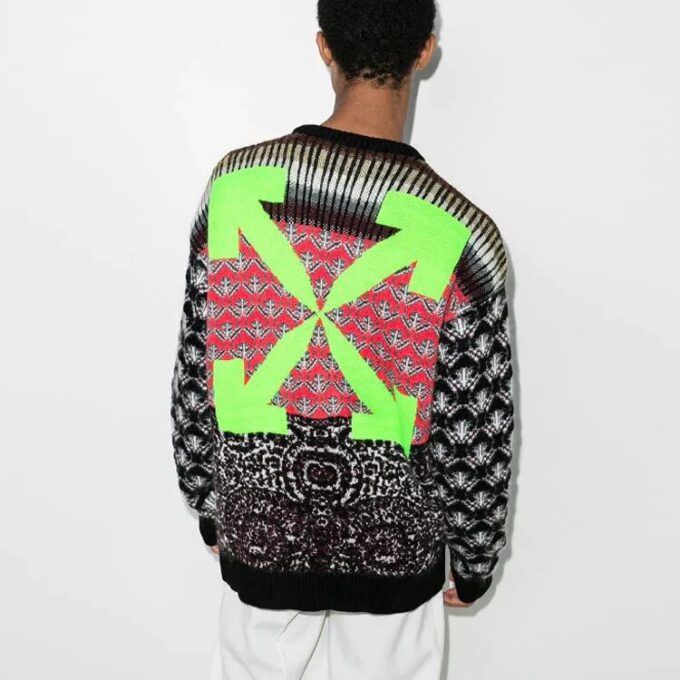 Off-White Men’ s FW21 Logo Arrow Pattern Round Neck Wool Sweater Loose Fit Green