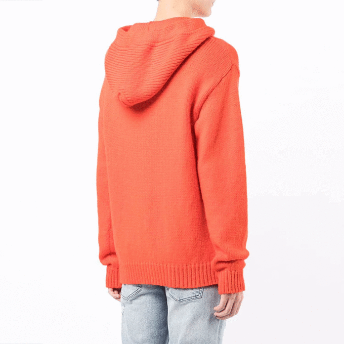 Off-White Men’ s FW21 Logo Intarsia Knit Pullover Hooded Wool Sweater Loose Fit Orange