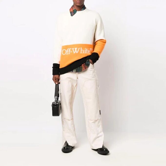 Off-White Men’ s FW21 Logo Pattern Loose Long Sleeves Colorblock Wool Sweater White