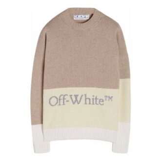 Off-White Men’ s FW21 Logo Pattern Round Neck Pullover Long Sleeves Colorblock Wool Sweater Loose Fit Off-White Men’ s FW21 Logo Pattern Round Neck Pullover Long Sleeves Colorblock Wool Sweater Loose Fit